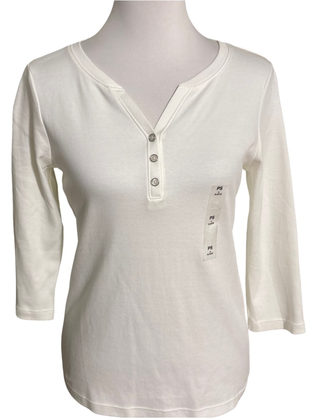 Karen Scott Cream Henley Three Quarter Sleeve Top